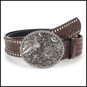 Western Rhinestone Buckle Belt Boho PU Leather Adjustable 28-38 Inch Waist